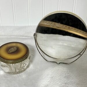 Vintage Vanity Set Mirror and Glass Powder Jar Gold Amber Good MCM Regency
